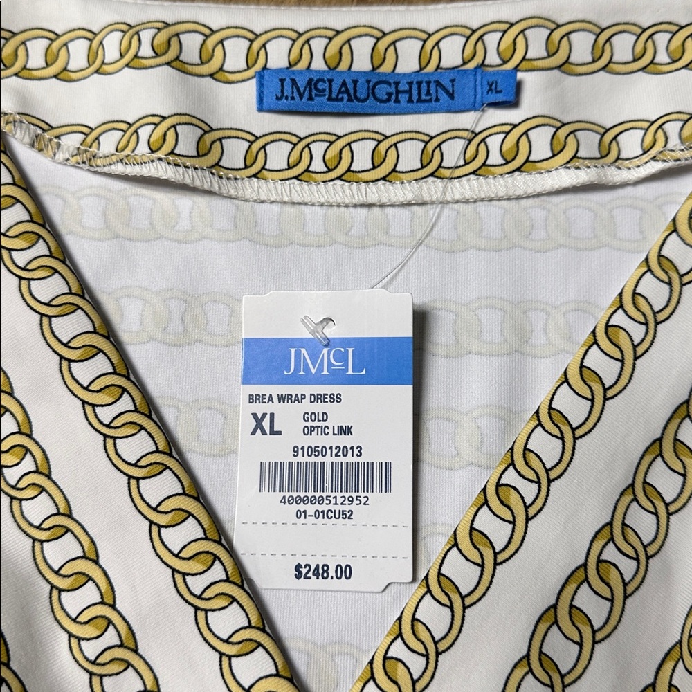 J. McLaughlin nwt Brea wrap gold optic link chain print white stretchy dress - Picture 7 of 9